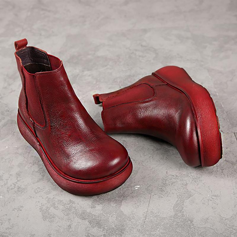 Buykud Pure Color Leather Stitching Retro Boots