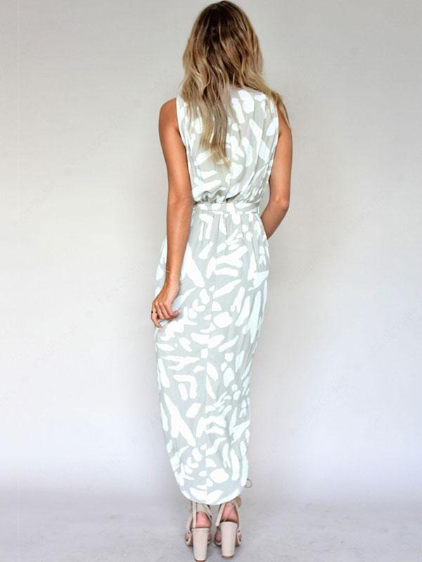 Bandage Waist Split-front Sleeveless Floral Midi Dress