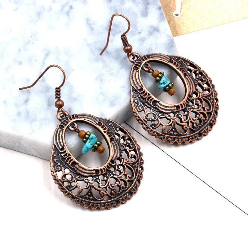 Fashion vintage alloy earrings popular openwork round flower turquoise earrings