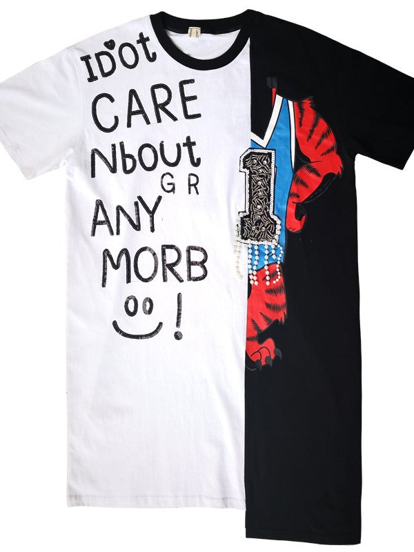 Loose Splicing Color Letter Beaded Print Cropped Long T-Shirt