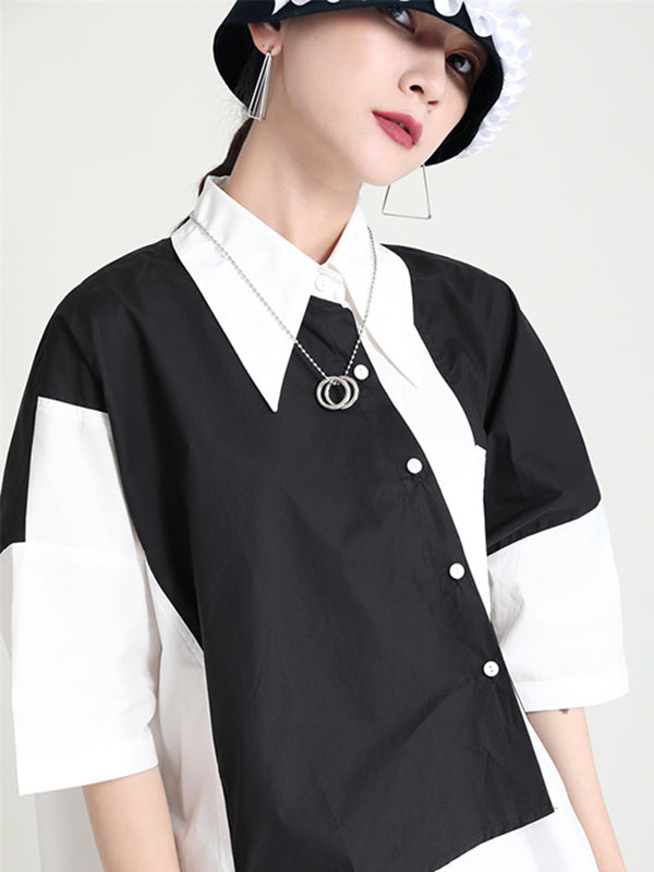 Urban Split-Joint Buttoned Asymmetric Lapel Blouses