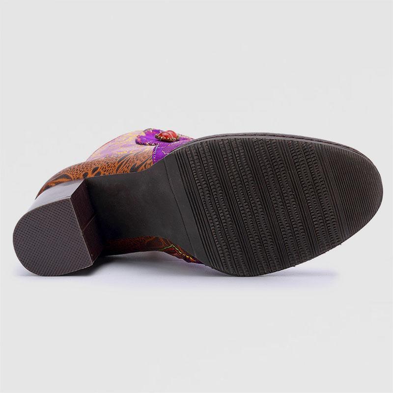 Retro Vintage Printed Leather Block High Heels Ankle Boots