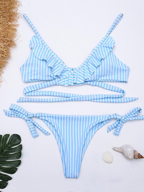Falbala Striped Lace Up Bikini Swimsuit