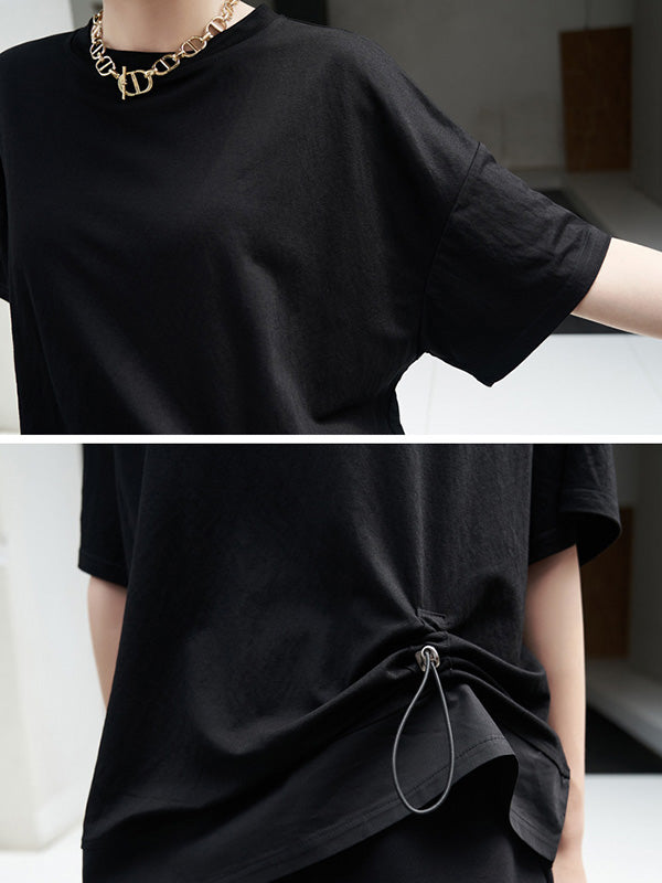 Stylish Black Asymmetric Drawstring Pleated Round-Neck Short Sleeves T-Shirts