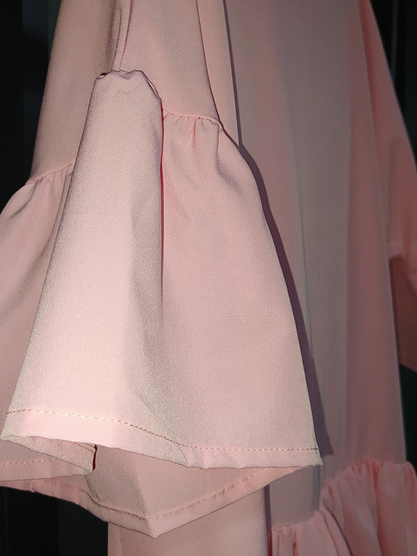 Urban Asymmetric Solid Color Ruffled Buttoned Stand Collar Flared Sleeve Mini Dress