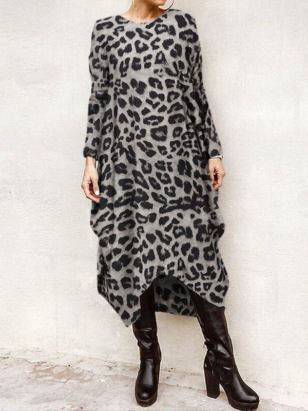 Loose Leopard Long-Sleeves High-Low Long Dress