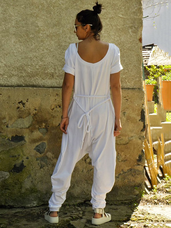 Casual Solid Color Split-Joint With Pocket Round-Neck Half Sleeves Wide Legs Jumpsuit