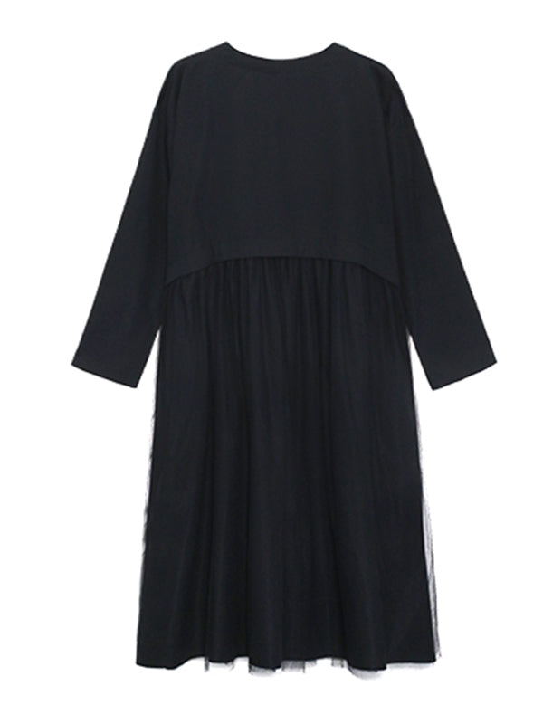 Stylish Split-Joint Pleated Polka-Dot Round-Neck Long Sleeves Midi Dress