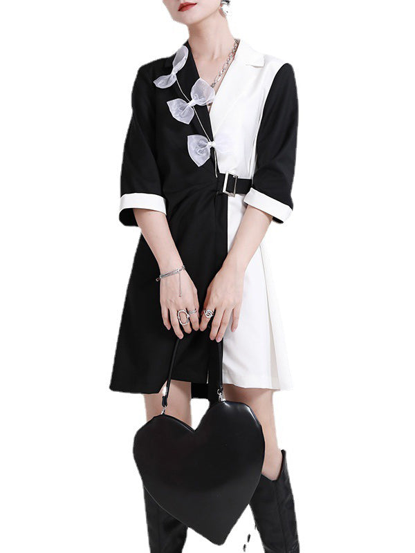 Original Stylish Split-Joint Contrast Color Bow-Embellished Tied A-Line Notched Collar Blazer Dress