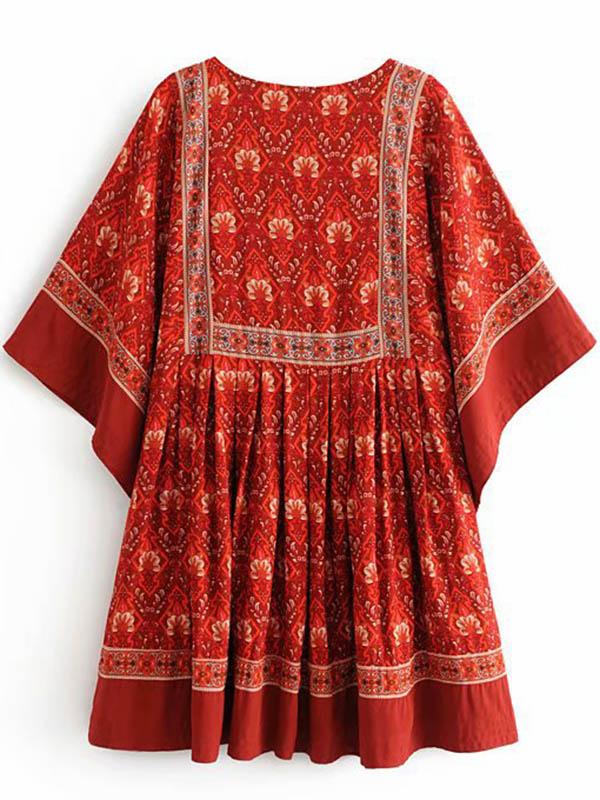 Retro Round Neck Floral Loose Mini Dress