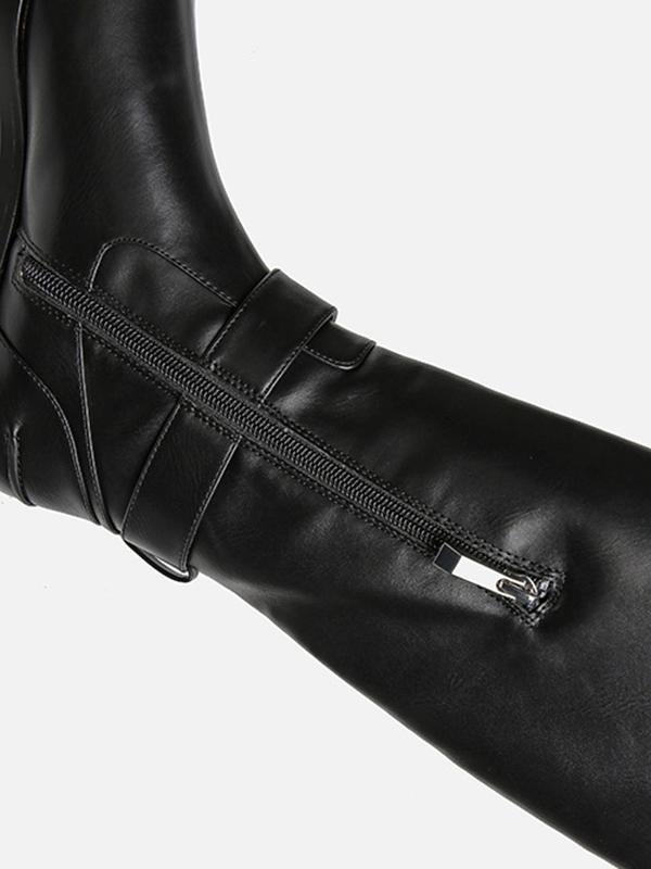 Solid Side-zipper Low Heels Leather Knee Boots