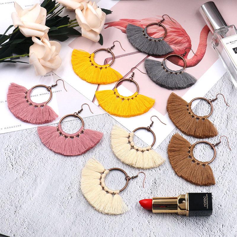 creative handmade fan-shaped tassel Bohemian earrings