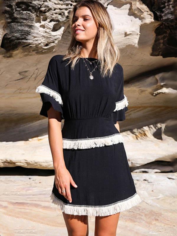 Solid Color Tasseled Split-joint Mini Dress