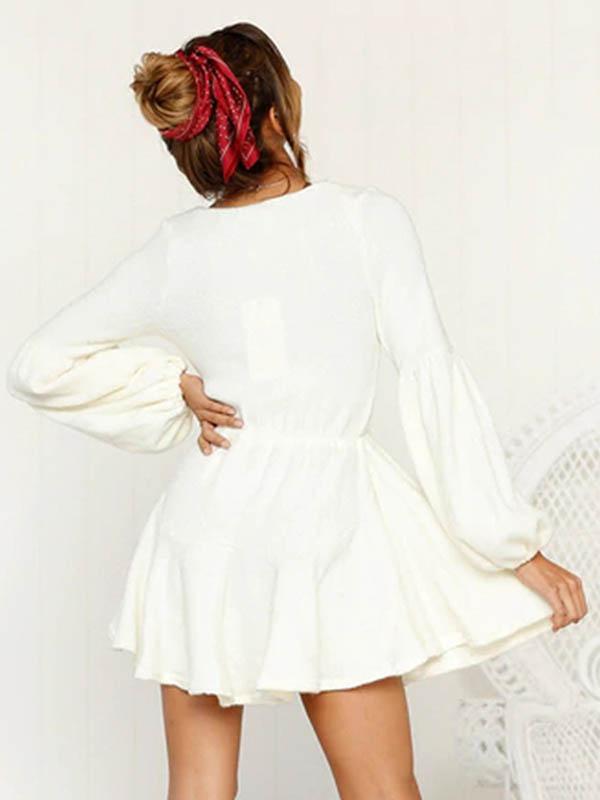 Deep V-neck Bandage Puff Sleeves Mini Dress