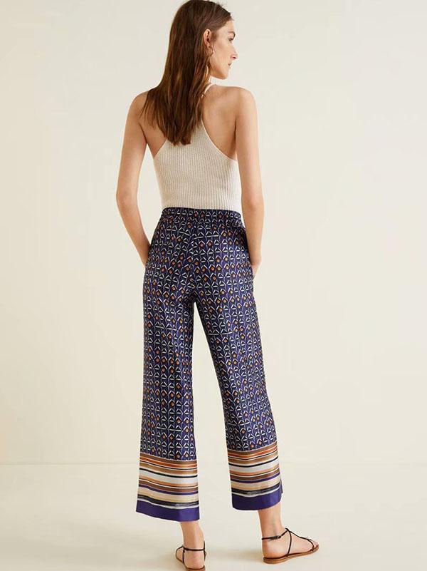 Navy Blue Floral Wide Leg Casual Pants
