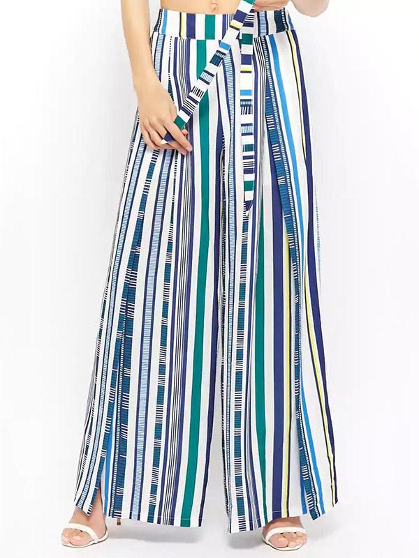 Stripe Spaghetti-neck Crisscross Tops And Wide Leg Pants Suits