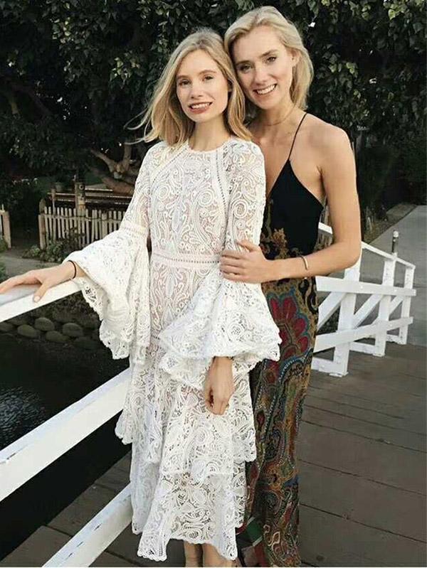 Lace Flared Sleeves Tiered Falbala Midi Dress