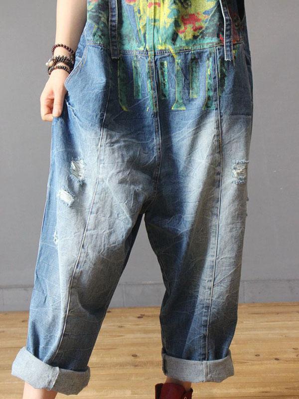 Denim Floral Print Long Jeans Jumpsuit