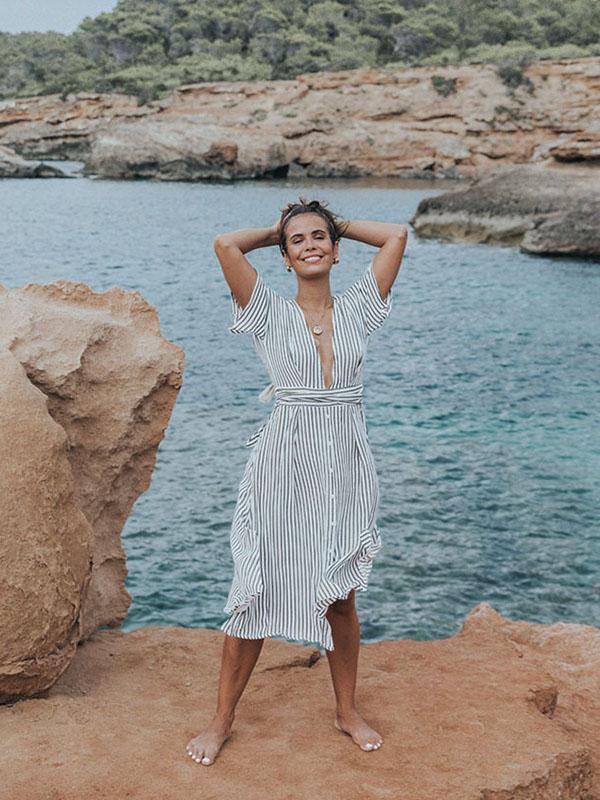 Fashion Striped Backless Split-side V-neck Midi Dresses