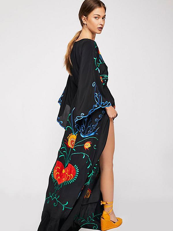 Bohemia Retro Embroidered Falbala Maxi Dress