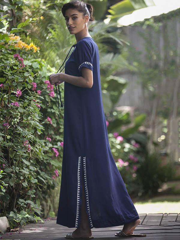 Navy Blue Floral Short Sleeves Maxi Dress Cover-Ups