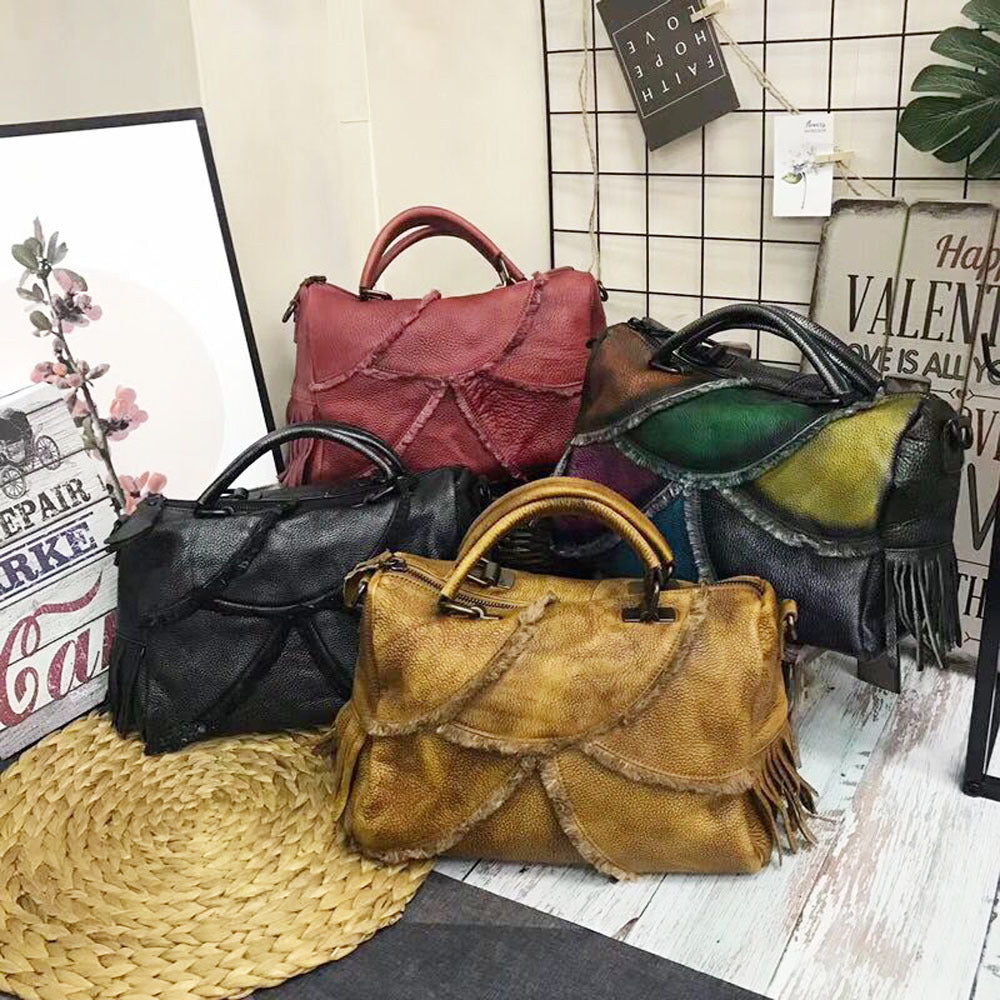Hand-tinted leather women's bag with leather slant satchel