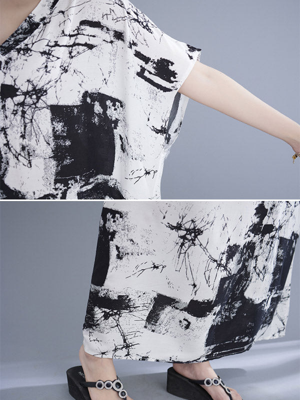 Original Ink-Printing V-Neck H-Line Maxi Dress