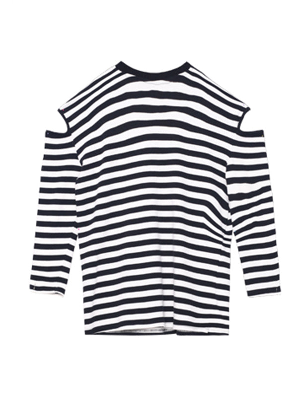 Original Stylish Striped Hollow Cold Shoulder Long Sleeves T-Shirt Tops