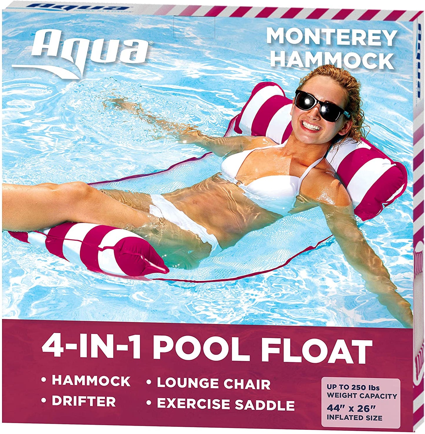 4-in-1 Monterey Hammock Inflatable Pool Float, Multi-Purpose Pool Hammock (Saddle, Lounge Chair, Hammock, Drifter) Pool Chair, Portable Water Hammock, Navy/White Stripe