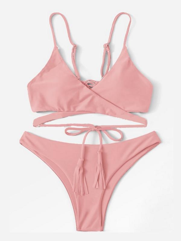 Solid Lace-Up Bikini Swimsuit