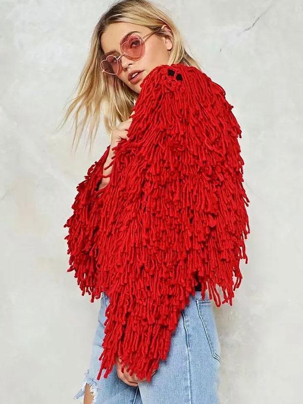 Knitting Solid Color Hollow Tasseled Long Sleeve Tops