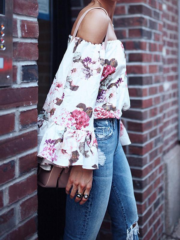 Off-the-shoulder Floral Flared Sleeves Loose Blouses&shirts Tops
