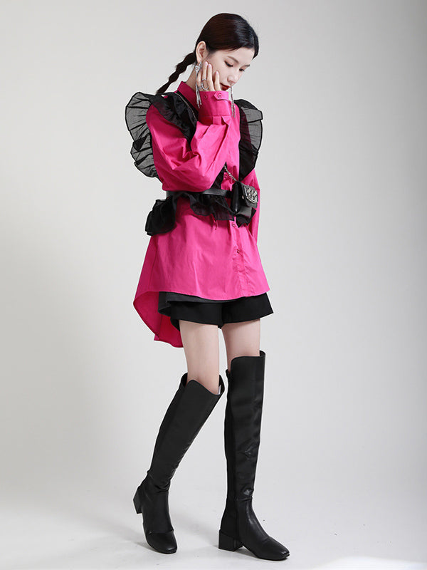 Stylish Irregular Contrast Color Split-Joint Falbala Mesh Drawstring Buttoned Lapel Collar Long Sleeves Blouse