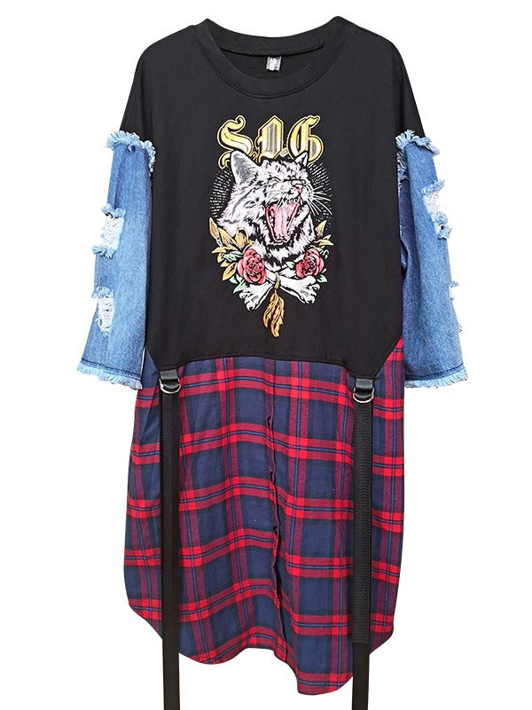 Stylish Jean Splicing Hip-Hop Printed Plaid False Two Dress