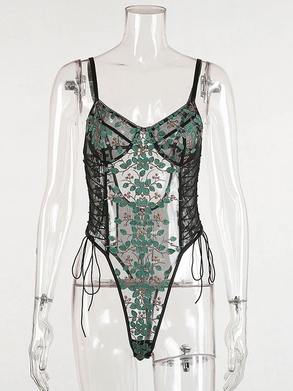 Embroidered See-Through Bandage Bodysuit Lingerie
