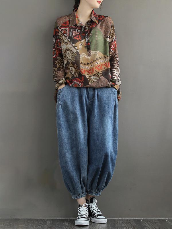 Artistic Retro Print Lapel Shirt Blouse Tops