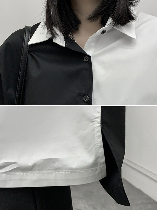 Stylish Contrast Color Split-Joint With Pocket Buttoned Lapel Color Long Sleeves Blouse