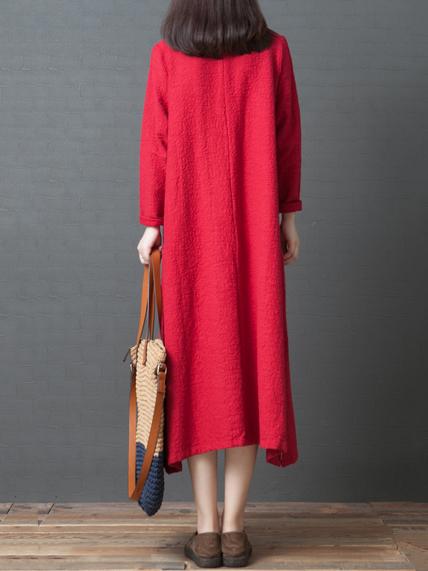 Red&Black Loose Round-neck Ramie Cotton Linen Dress