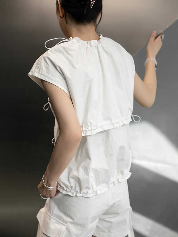 Stylish Black&White Drawstring Pleated Zipper Cap Sleeve Shirts