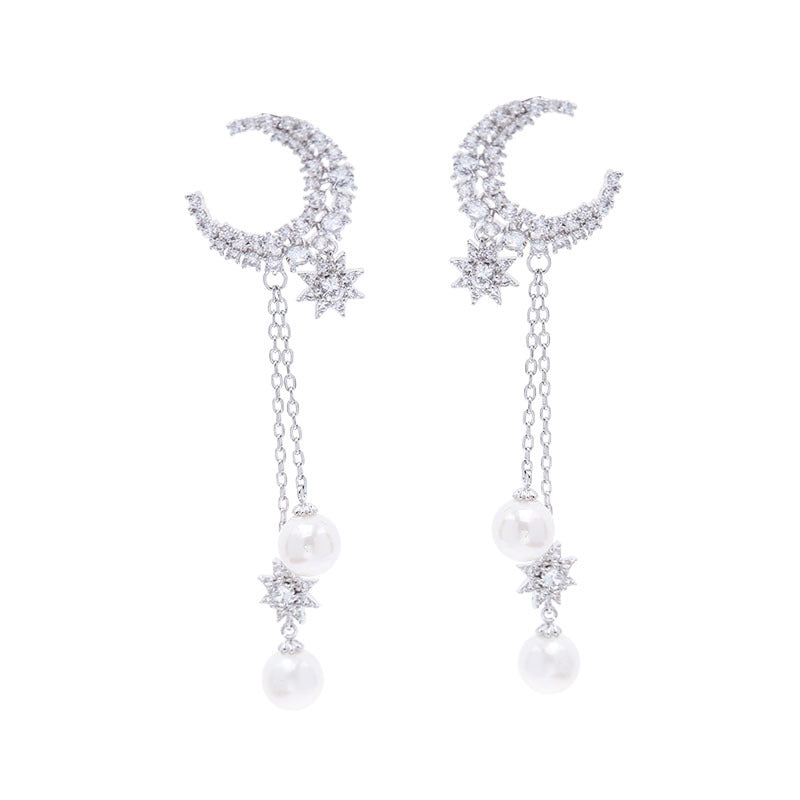 Zircon eight-star earrings Pearl tassels
