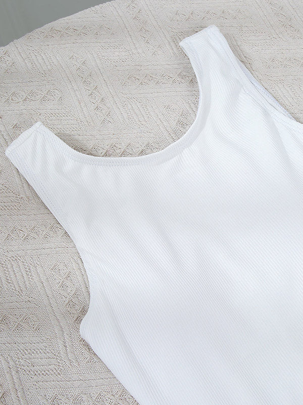Solid Color Ribbed Simple Style One-Piece Swimwear