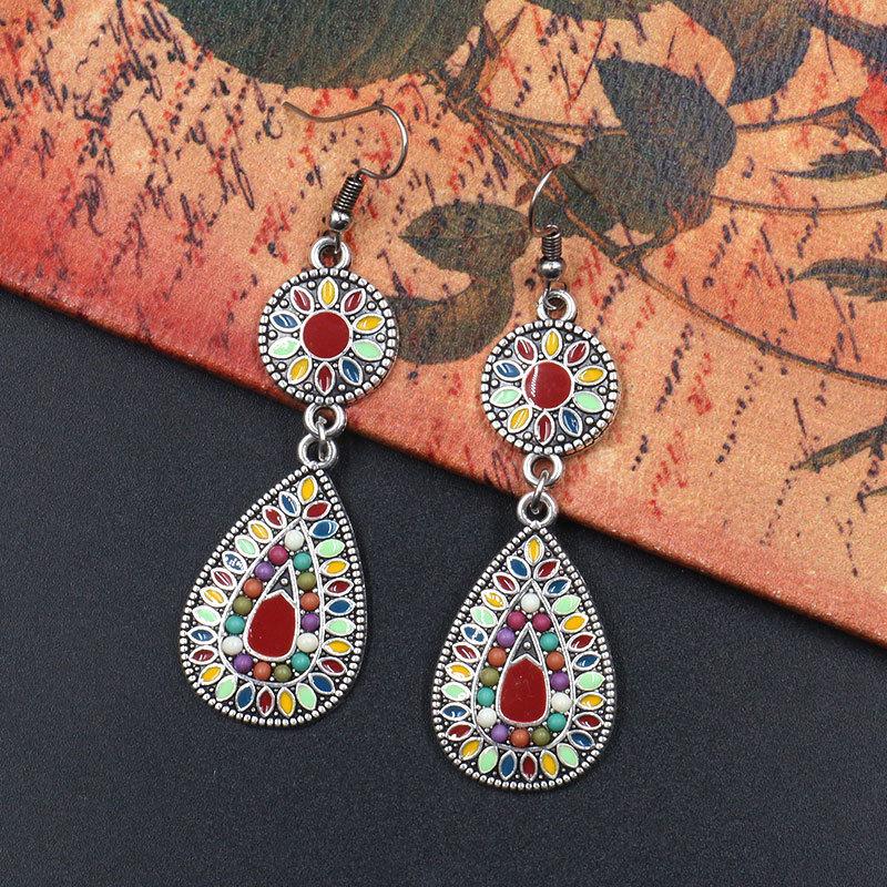 6 color Bohemian ethnic fashion drop-shaped alloy pendant earrings