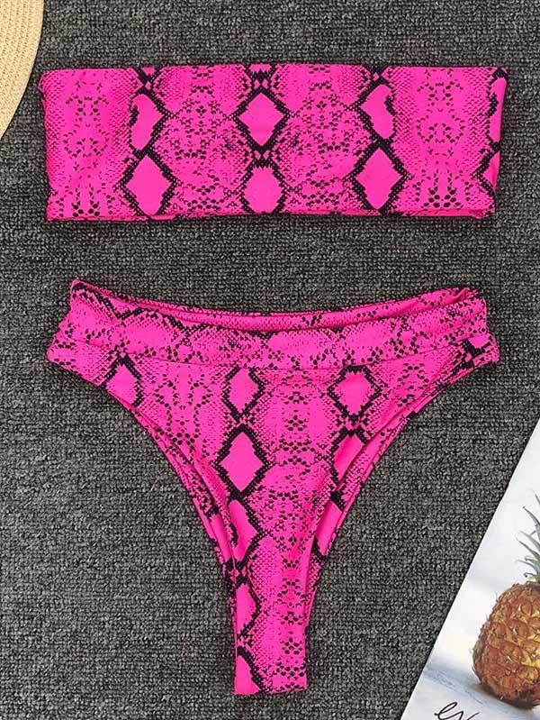 Snakeskin Print Top With High Cut Bikini Set