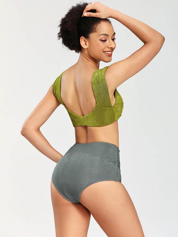 Solid Color Deep V-Neck Split Bikini Swimsuit