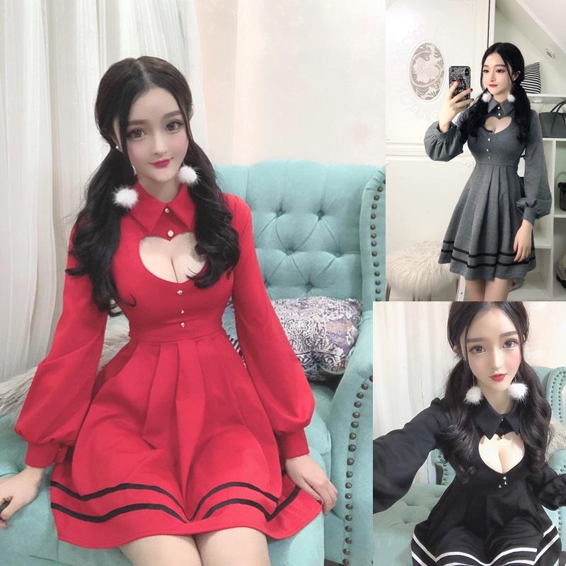 Sexy Long Sleeve Waist Pleated Lapel Dress