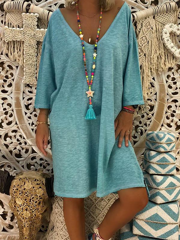 Solid V-neck Loose Midi Dress