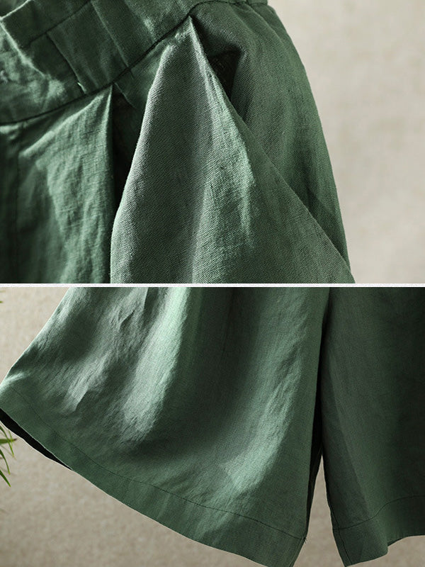 Casual Linen Solid Color Elasticity Waist Wide Leg Shorts
