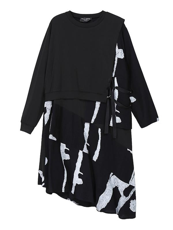 Round-Neck False Two Dress Asymmetric Long Sleeve Printed Dress With Bandage