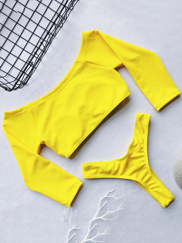 Off-the-shoulder Ribbed Plain Tankini Swimsuit