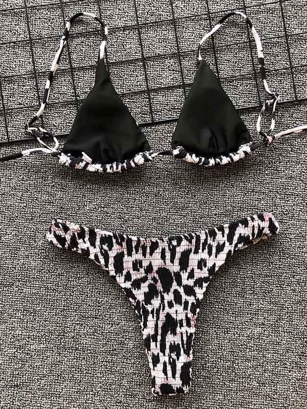 Leopard Smocked Lace Up Bikini Swimsuit